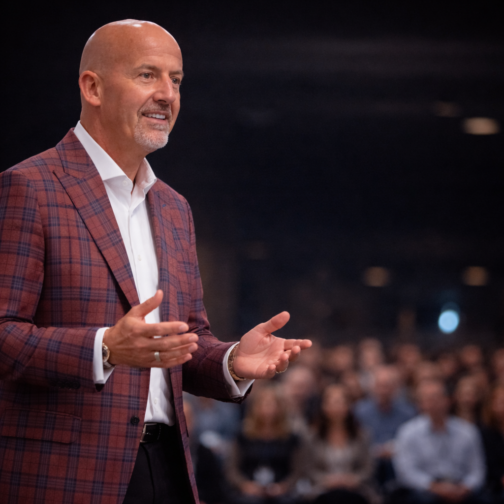 Steve Lowisz on stage gesturing